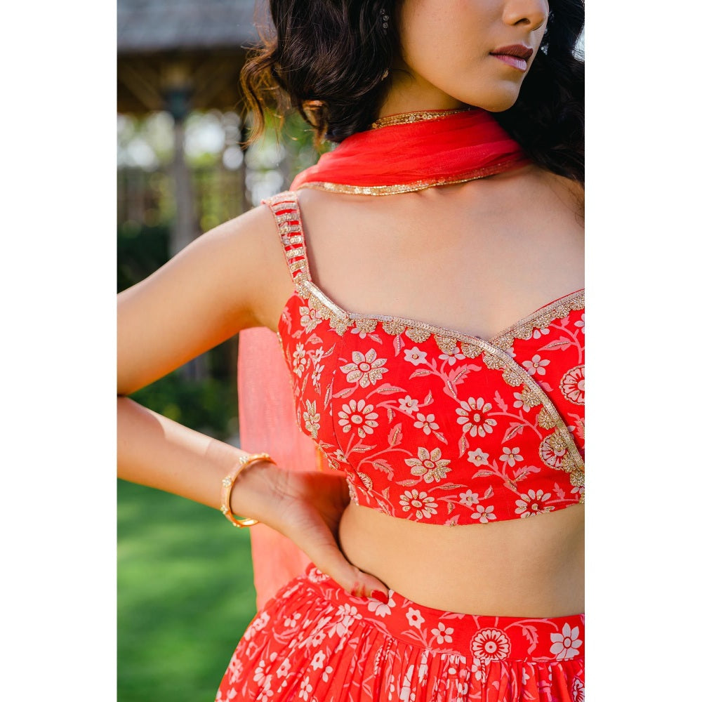 Redpine Designs Cherry Red Floral Printed Lehenga with Blouse and Dupatta (Set of 3)