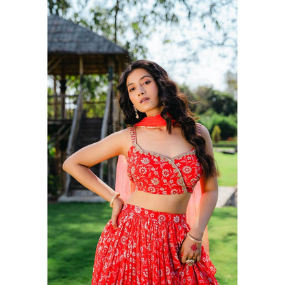 Redpine Designs Cherry Red Floral Printed Lehenga with Blouse and Dupatta (Set of 3)