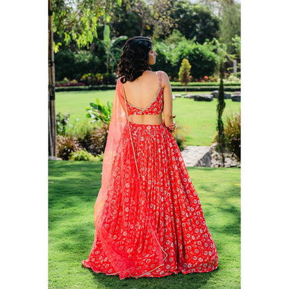 Redpine Designs Cherry Red Floral Printed Lehenga with Blouse and Dupatta (Set of 3)