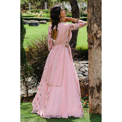 Redpine Designs Pink Printed Embroidered Lehenga with Blouse, Dupatta and Belt (Set of 4)
