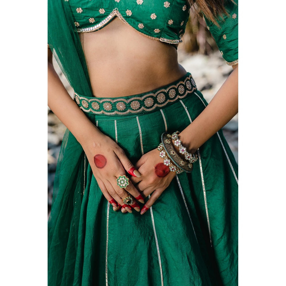 Redpine Designs Green Embroidered Lehenga with Blouse, Dupatta and Belt (Set of 4)