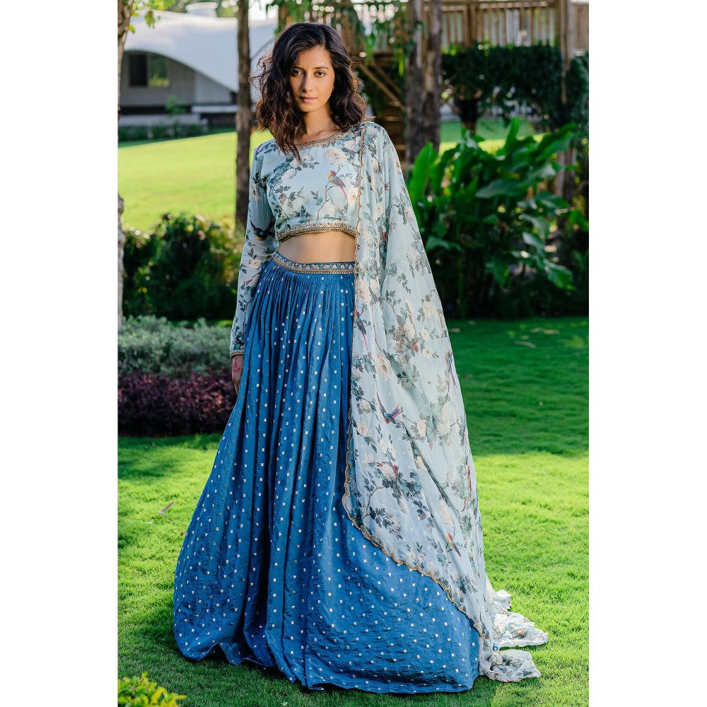Redpine Designs Powder Blue Printed Lehenga with Blouse and Dupatta (Set of 3)