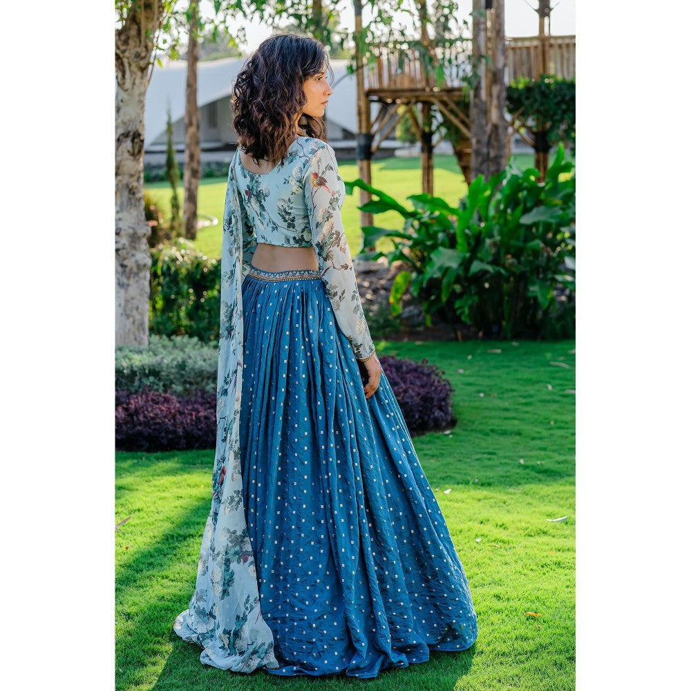 Redpine Designs Powder Blue Printed Lehenga with Blouse and Dupatta (Set of 3)