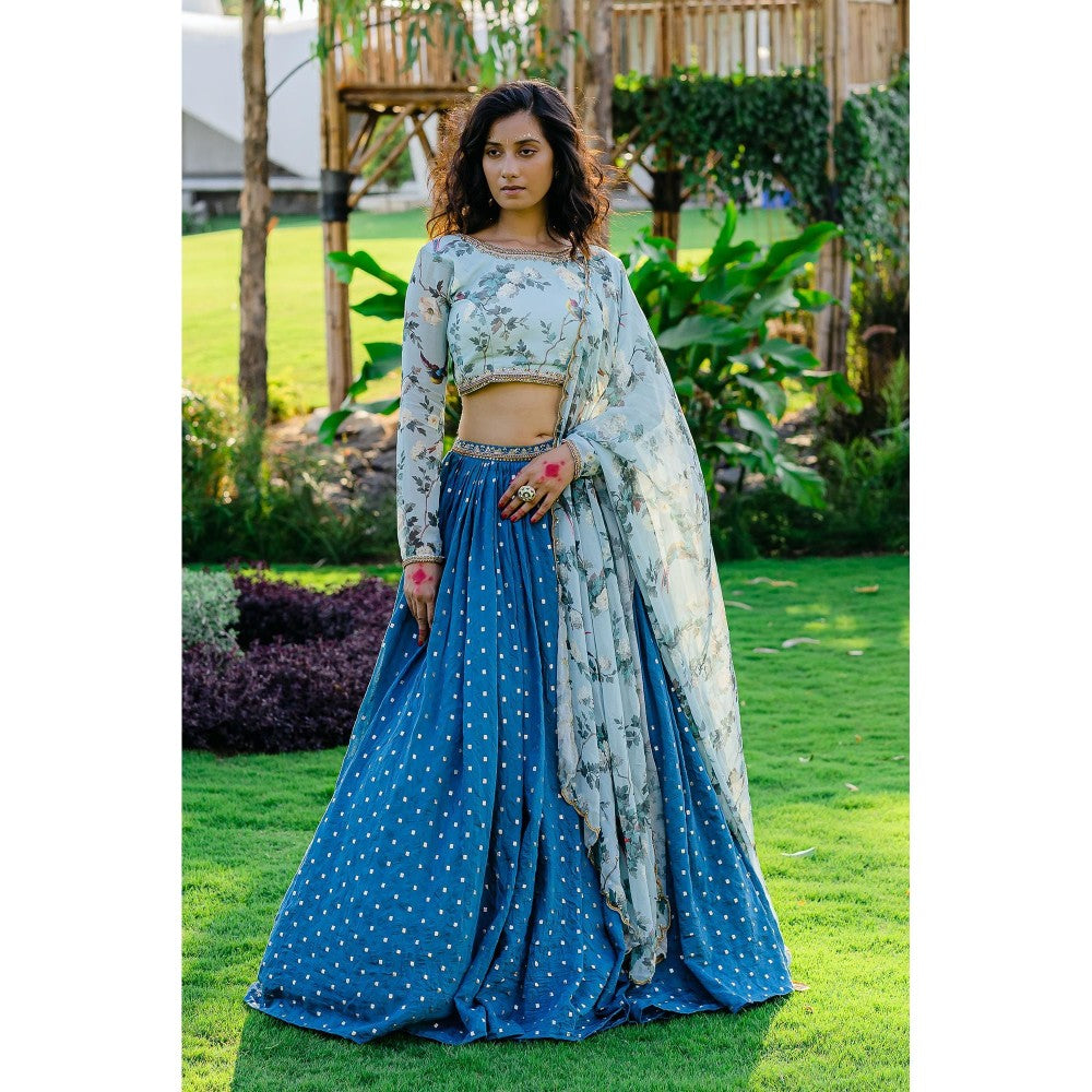 Redpine Designs Powder Blue Printed Lehenga with Blouse and Dupatta (Set of 3)