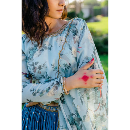 Redpine Designs Powder Blue Printed Lehenga with Blouse and Dupatta (Set of 3)