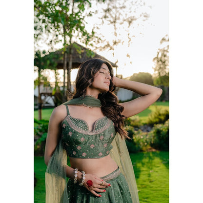 Redpine Designs Forest Green Embroidered Lehenga with Blouse and Dupatta (Set of 3)