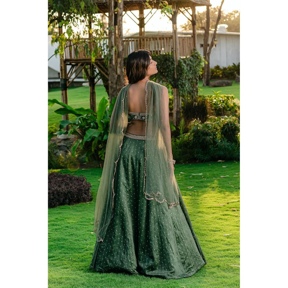 Redpine Designs Forest Green Embroidered Lehenga with Blouse and Dupatta (Set of 3)