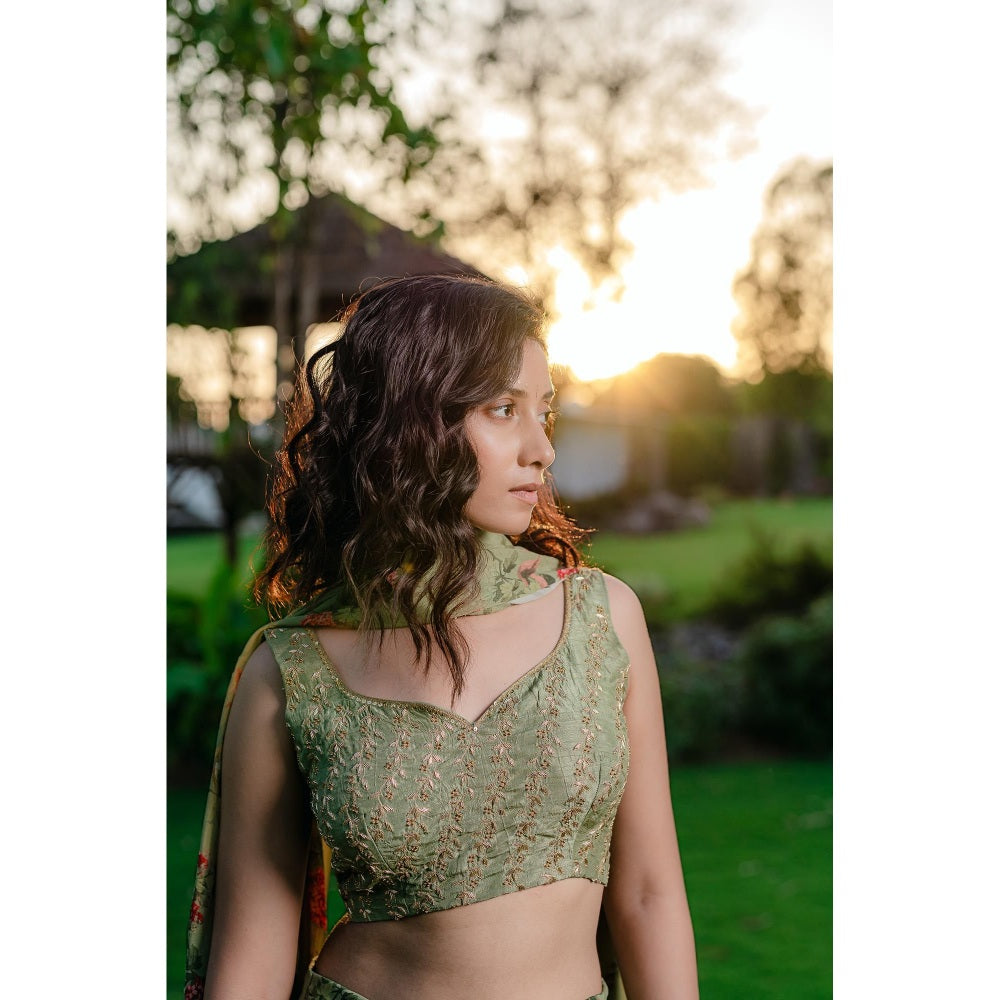 Redpine Designs Pista Green Printed Lehenga with Blouse and Dupatta (Set of 3)