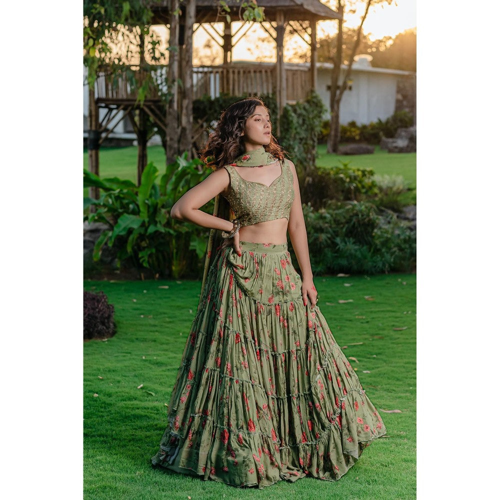 Redpine Designs Pista Green Printed Lehenga with Blouse and Dupatta (Set of 3)