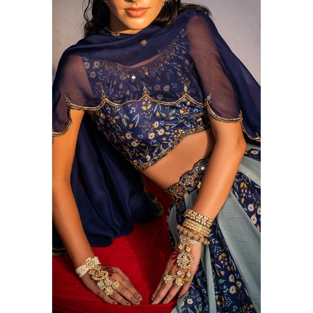 Redpine Designs Royal Blue Printed Lehenga with Blouse, Belt and Dupatta (Set of 4)