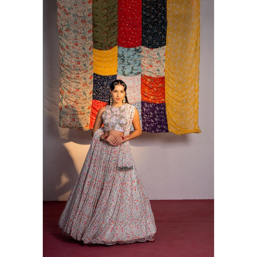 Redpine Designs Ivory Printed Lehenga with Blouse and Dupatta (Set of 3)