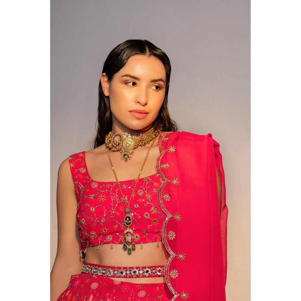 Redpine Designs Hot Pink Printed Lehenga with Blouse, Dupatta and Belt (Set of 4)
