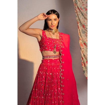 Redpine Designs Hot Pink Printed Lehenga with Blouse, Dupatta and Belt (Set of 4)
