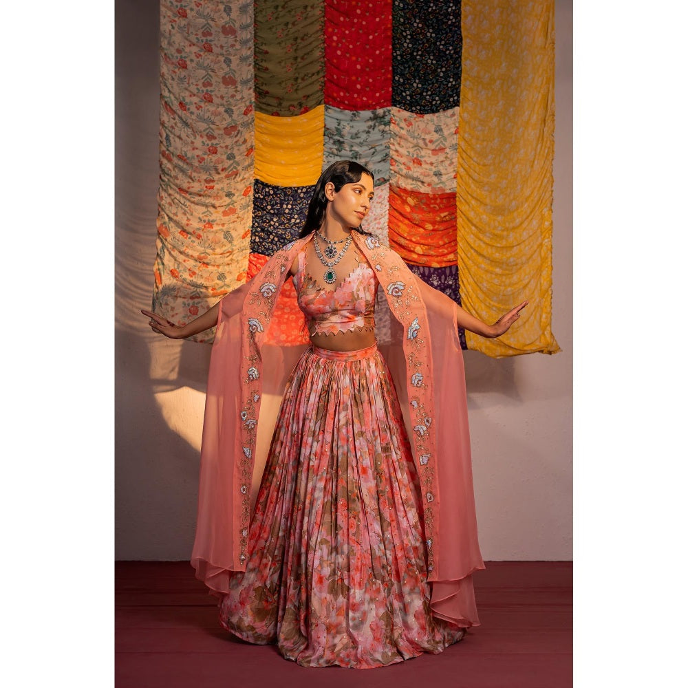 Redpine Designs Coral Printed Lehenga with Bustier and Cape (Set of 4)