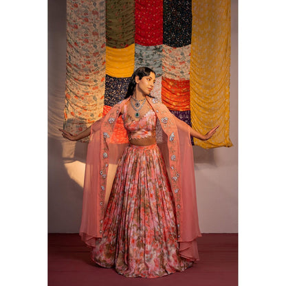 Redpine Designs Coral Printed Lehenga with Bustier and Cape (Set of 4)