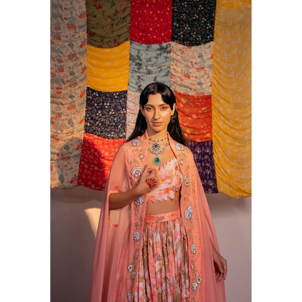 Redpine Designs Coral Printed Lehenga with Bustier and Cape (Set of 4)
