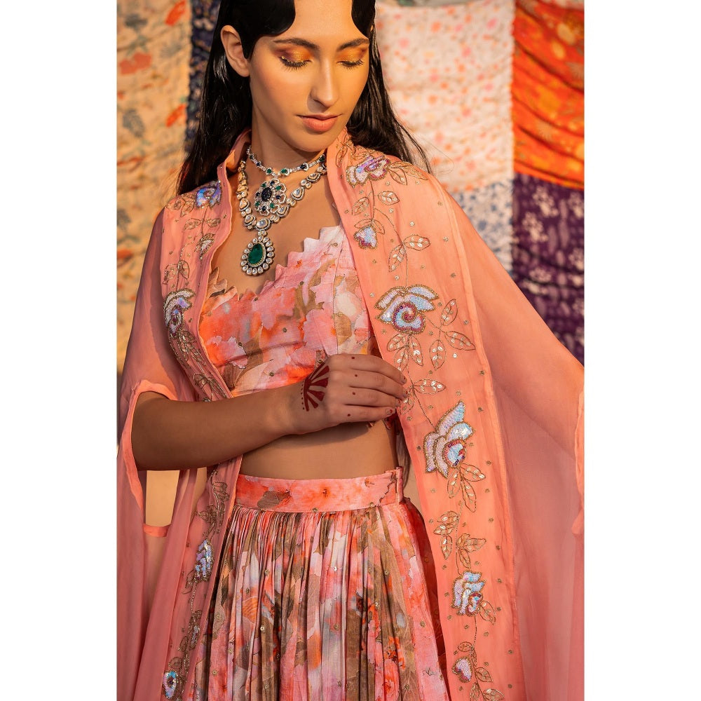 Redpine Designs Coral Printed Lehenga with Bustier and Cape (Set of 4)