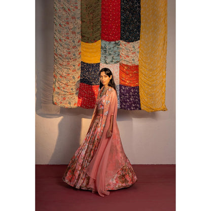 Redpine Designs Coral Printed Lehenga with Bustier and Cape (Set of 4)