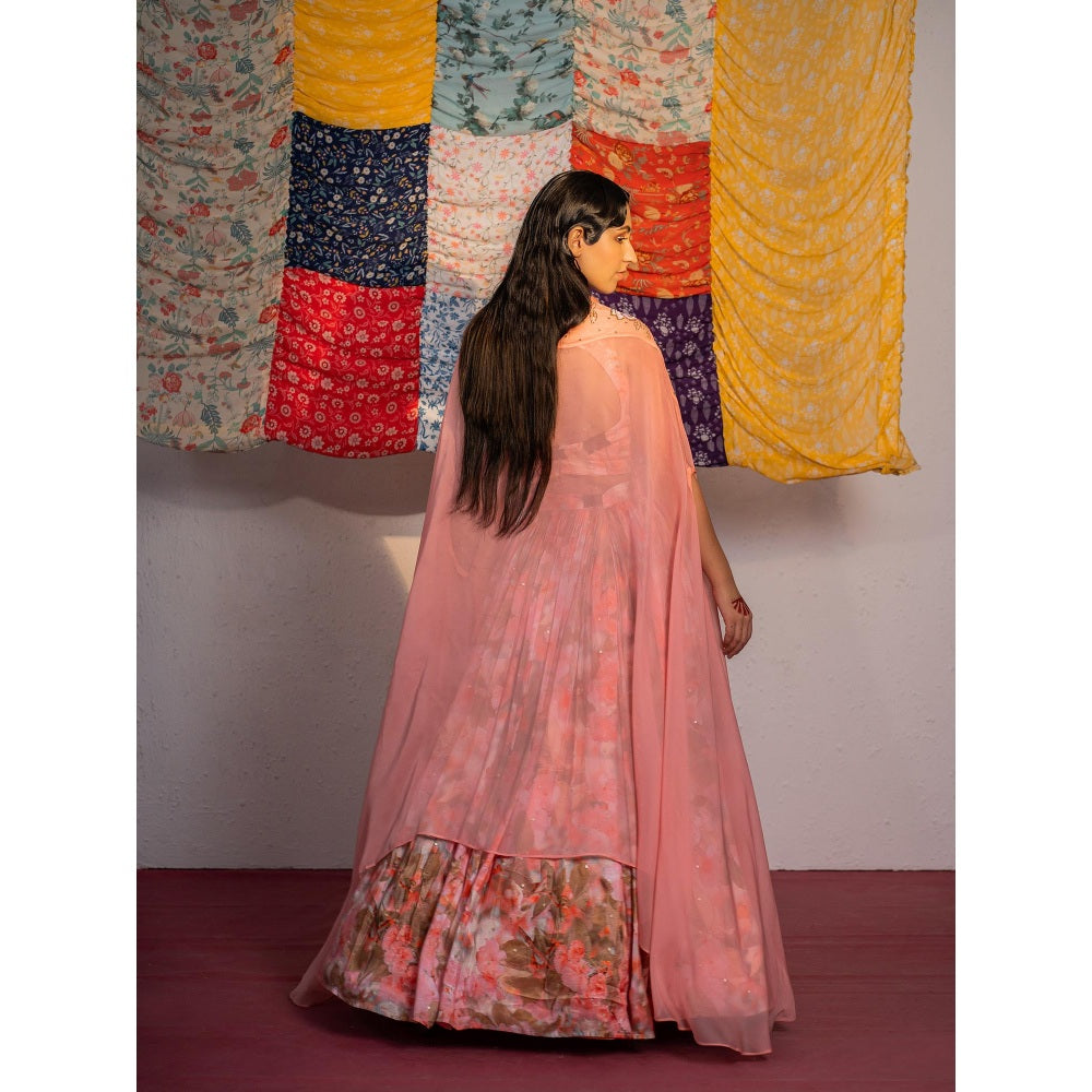 Redpine Designs Coral Printed Lehenga with Bustier and Cape (Set of 4)