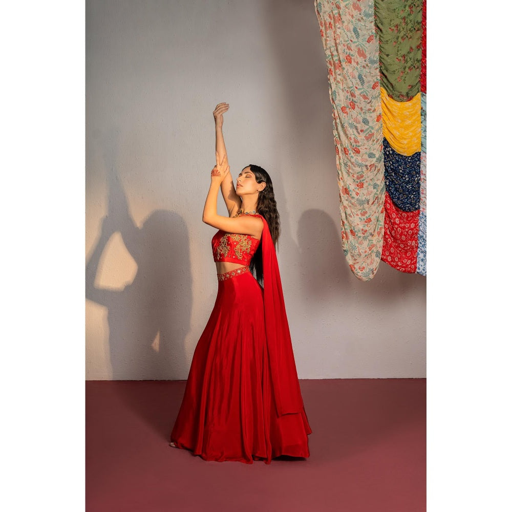 Redpine Designs Red Embroidered Lehenga with Attached Drape Blouse (Set of 2)