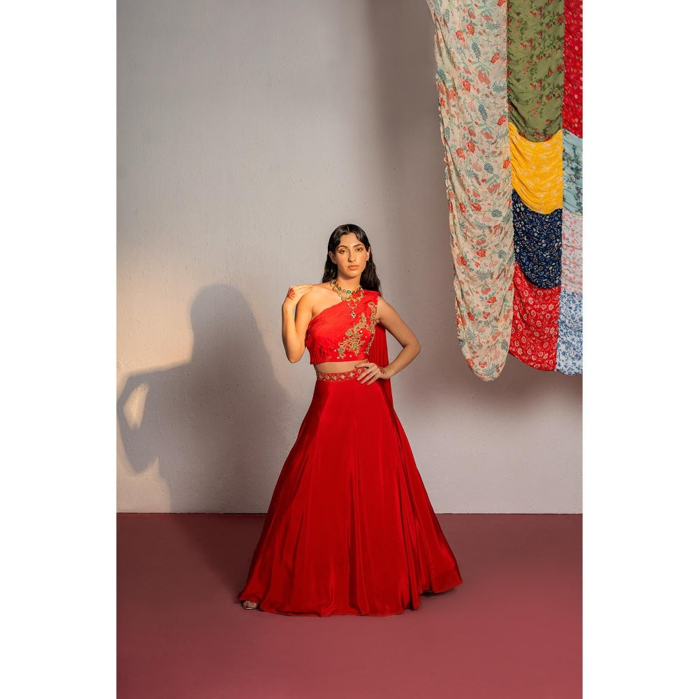 Redpine Designs Red Embroidered Lehenga with Attached Drape Blouse (Set of 2)