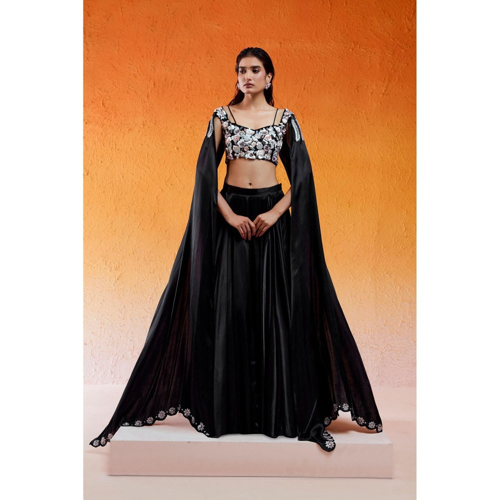 Redpine Designs Black Embellished Lehenga with Cape Attached Blouse (Set of 2)