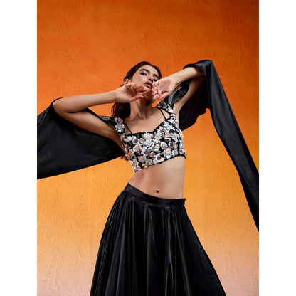 Redpine Designs Black Embellished Lehenga with Cape Attached Blouse (Set of 2)