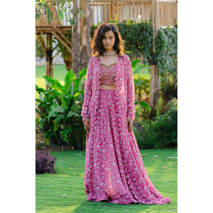 Redpine Designs Mauve Printed, Embroidered Long Jacket with Palazzo and Bustier (Set of 3)