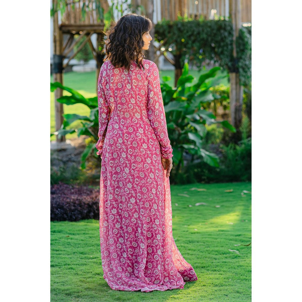 Redpine Designs Mauve Printed, Embroidered Long Jacket with Palazzo and Bustier (Set of 3)
