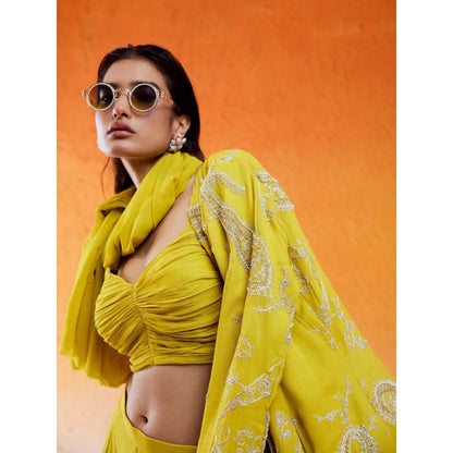 Redpine Designs Daisy Yellow Embroidered Jacket with Sharara and Bustier (Set of 3)