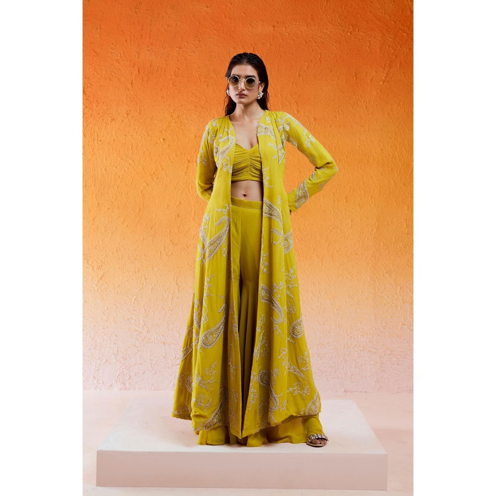 Redpine Designs Daisy Yellow Embroidered Jacket with Sharara and Bustier (Set of 3)