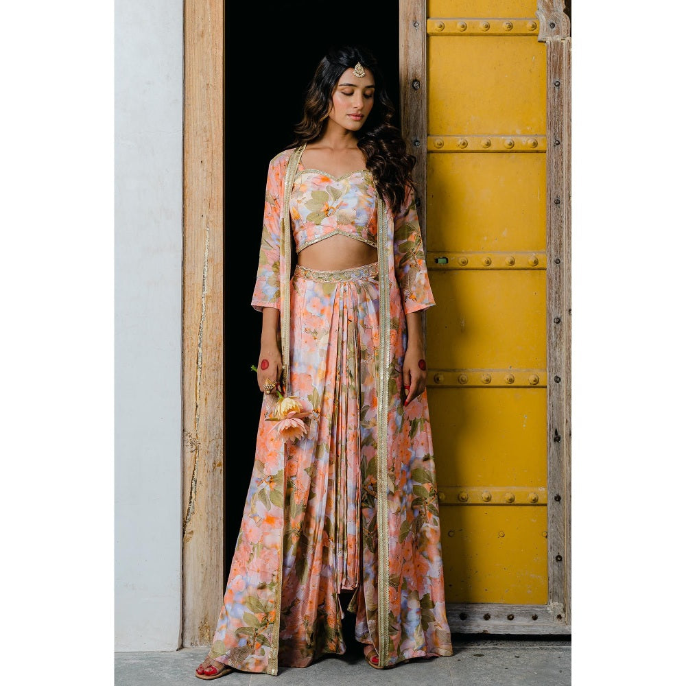 Redpine Designs Peach Printed, Embroidered Long Jacket with Skirt and Blouse (Set of 3)
