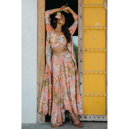 Redpine Designs Peach Printed, Embroidered Long Jacket with Skirt and Blouse (Set of 3)
