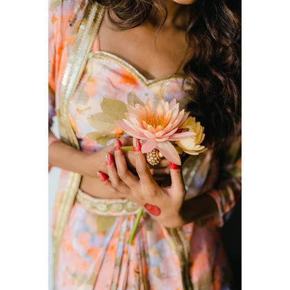 Redpine Designs Peach Printed, Embroidered Long Jacket with Skirt and Blouse (Set of 3)