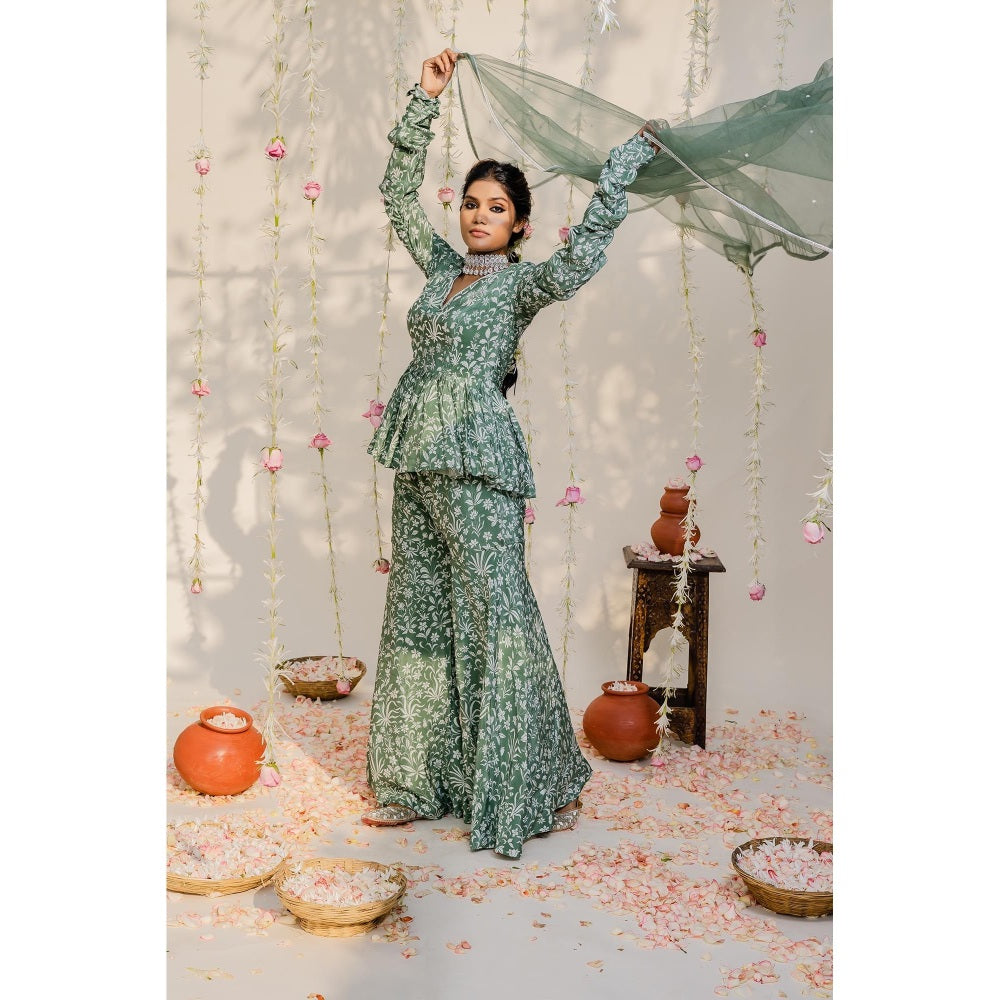 Redpine Designs Olive Embroidered Peplum Top with Sharara and Dupatta (Set of 3)