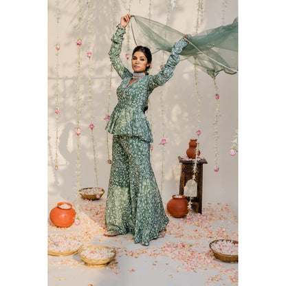 Redpine Designs Olive Embroidered Peplum Top with Sharara and Dupatta (Set of 3)