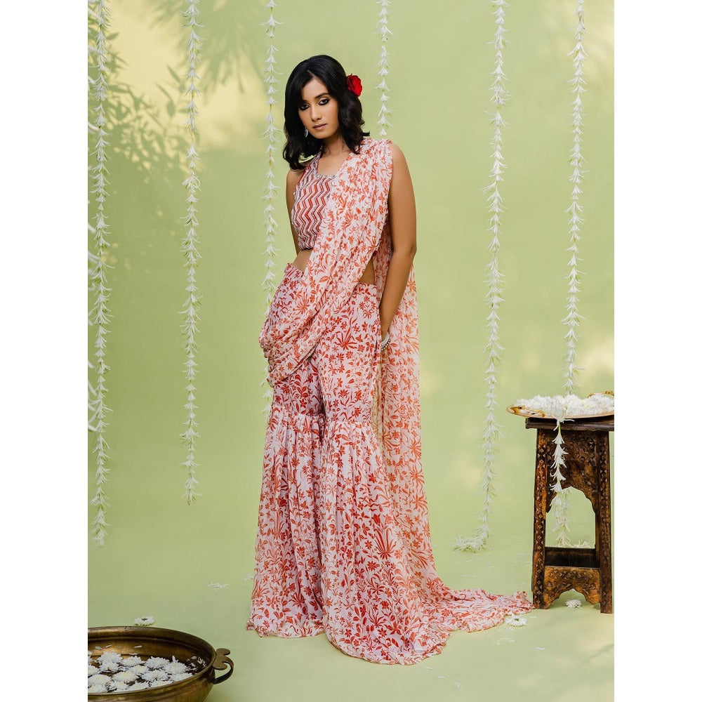 Redpine Designs Orange Embroidered Sharara with Attached Draped and Bustier (Set of 2)