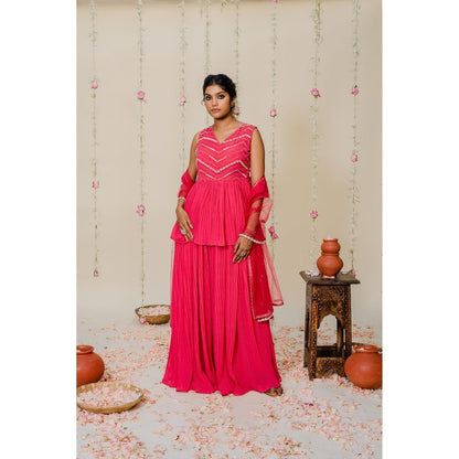 Redpine Designs Pink Embroidered Peplum Top with Sharara and Dupatta (Set of 3)