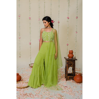Redpine Designs Green Embroidered Sharara with Blouse and Dupatta (Set of 3)