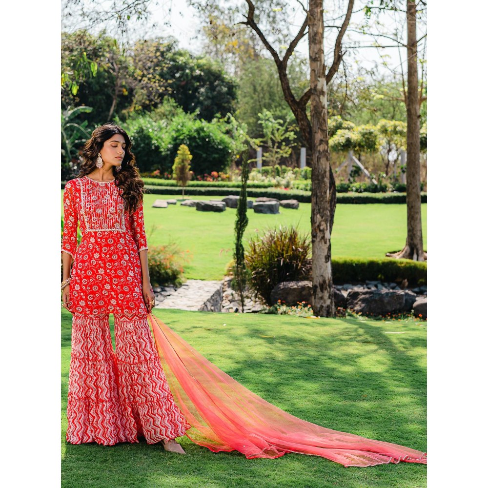 Redpine Designs Cherry Red Floral Printed Sharara with Kurta and Dupatta (Set of 3)