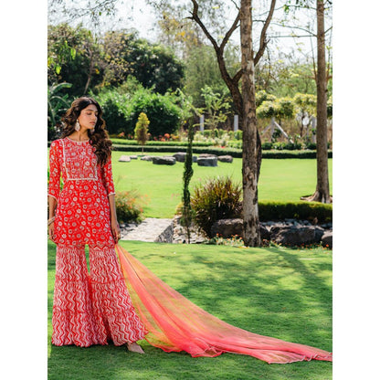 Redpine Designs Cherry Red Floral Printed Sharara with Kurta and Dupatta (Set of 3)