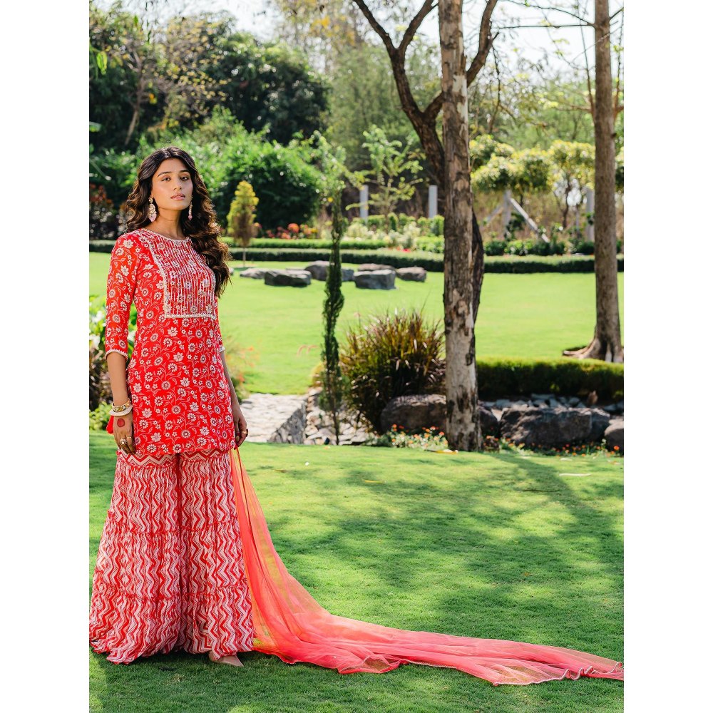 Redpine Designs Cherry Red Floral Printed Sharara with Kurta and Dupatta (Set of 3)