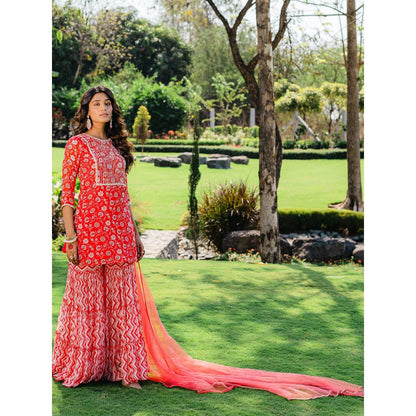 Redpine Designs Cherry Red Floral Printed Sharara with Kurta and Dupatta (Set of 3)