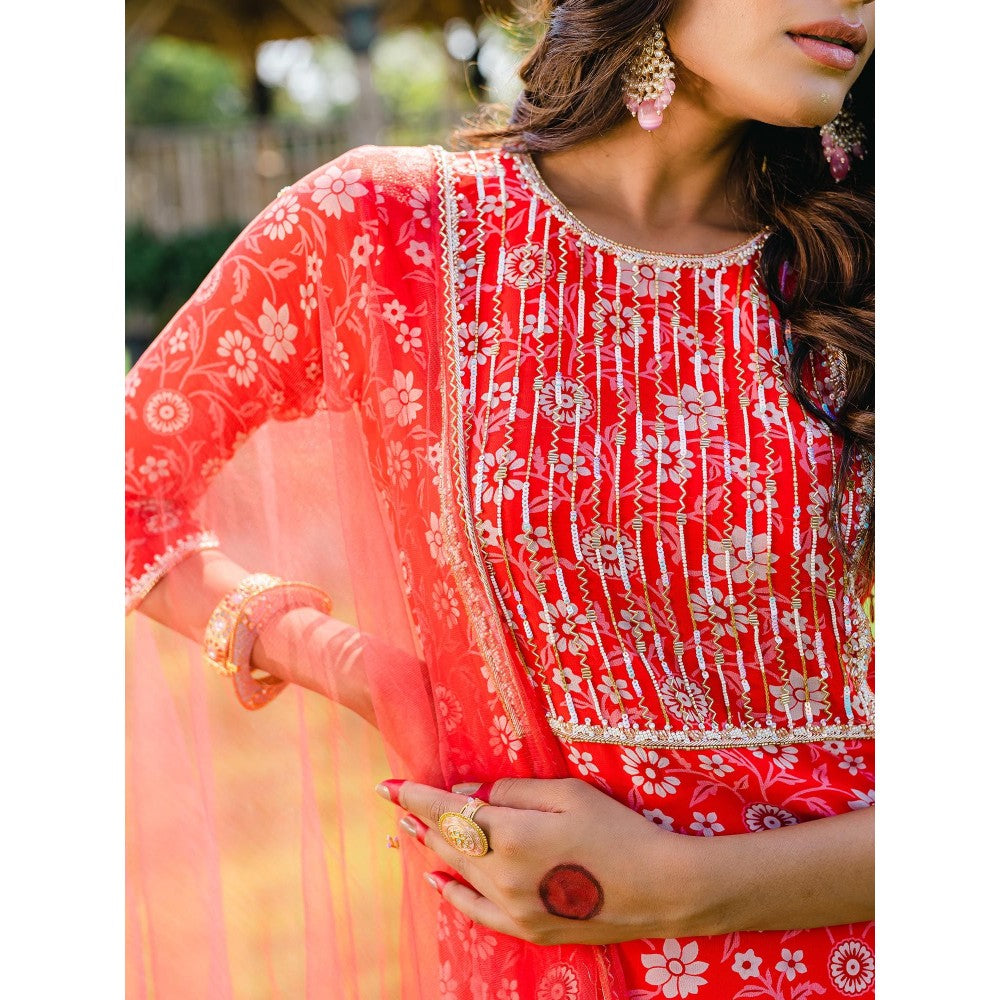 Redpine Designs Cherry Red Floral Printed Sharara with Kurta and Dupatta (Set of 3)