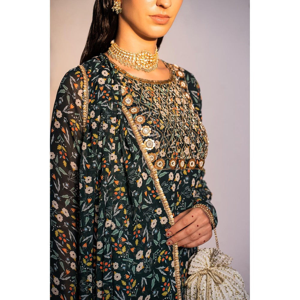 Redpine Designs Green Mirror, Embroidered Sharara with Kurta and Dupatta (Set of 3)