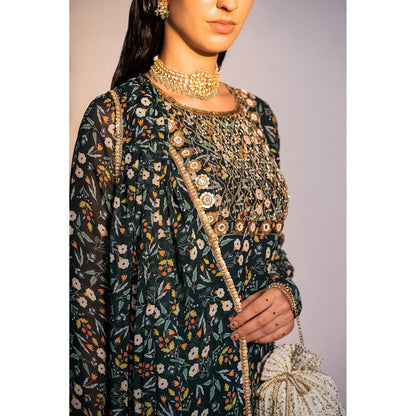 Redpine Designs Green Mirror, Embroidered Sharara with Kurta and Dupatta (Set of 3)