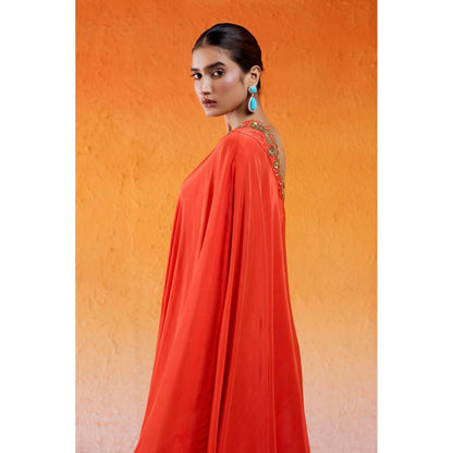 Redpine Designs Rust One Shoulder Embroidered Kurta with Sharara (Set of 2)