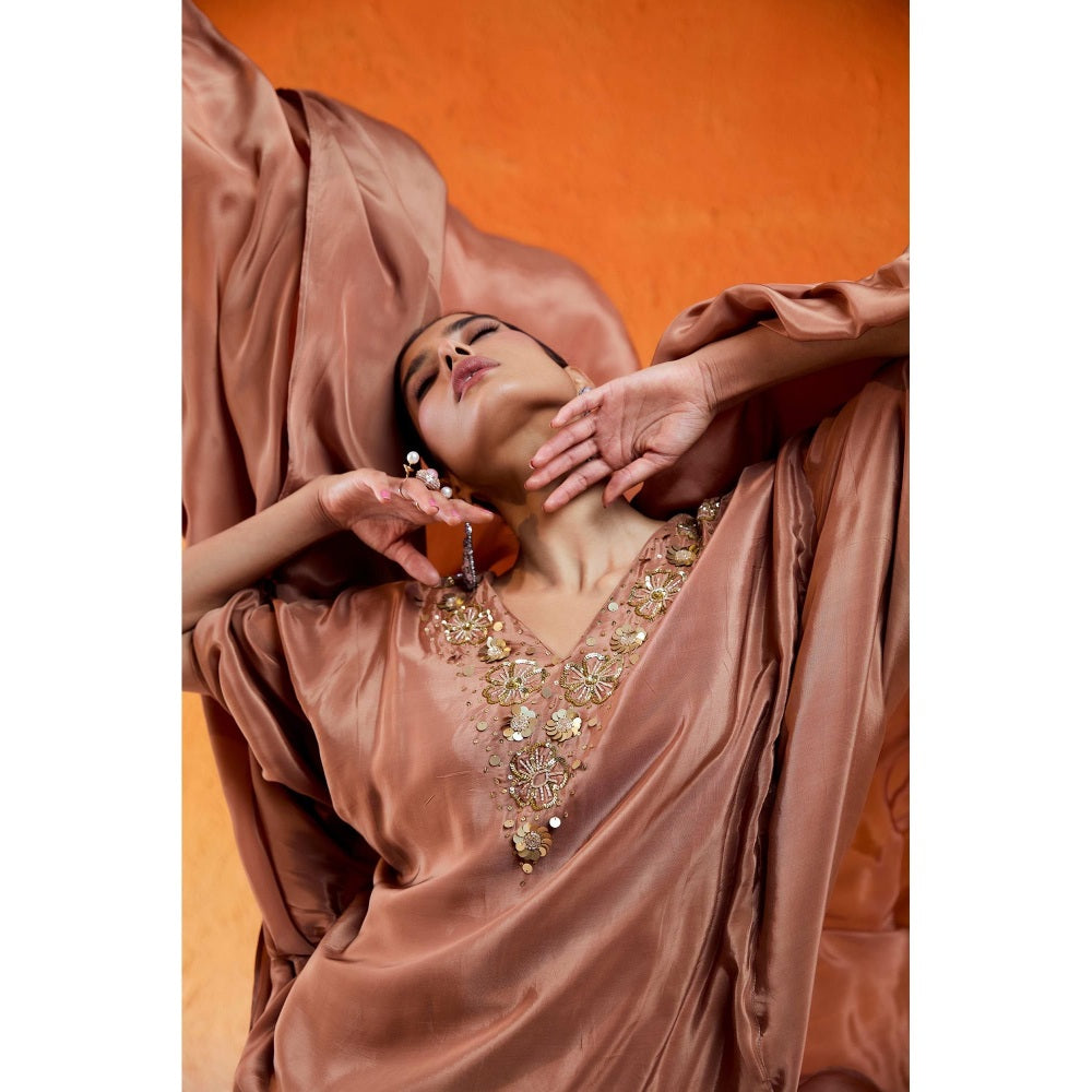 Redpine Designs Brown Embroidered Sharara with Cape Sleeve Kurta (Set of 2)