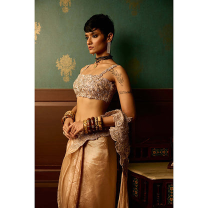 REETI ARNEJA Baby Pink Bloom Pre-Drape Saree with Stitched Blouse