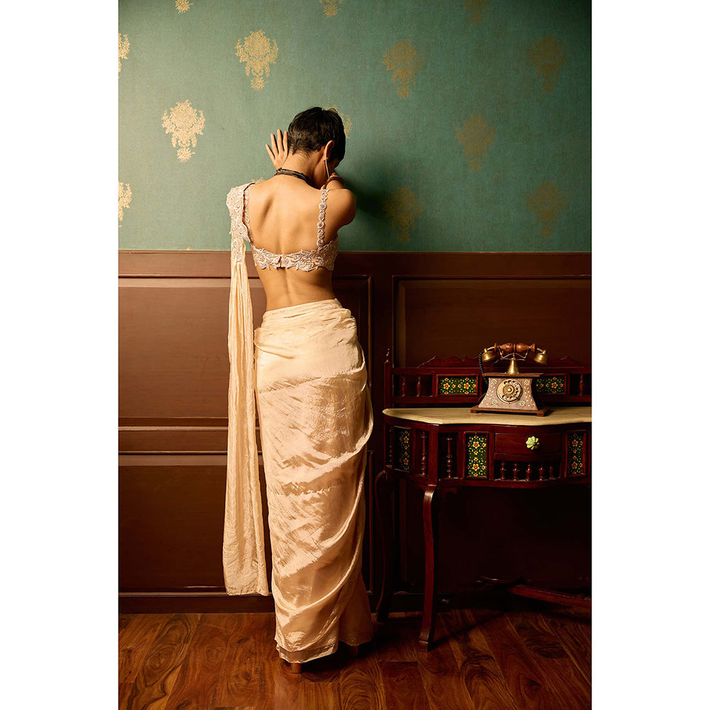REETI ARNEJA Baby Pink Bloom Pre-Drape Saree with Stitched Blouse